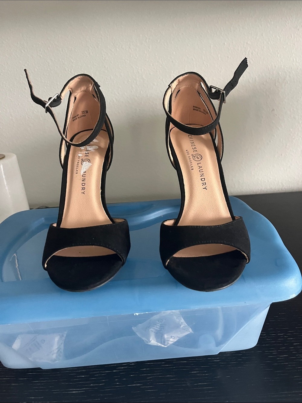 Chinese Laundry Black Suede Open-Toe Ankle-Strap Heels